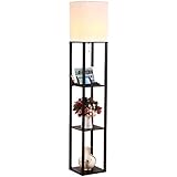 Brightech Maxwell LED USB Shelf Floor Lamp Modern Asian Style Standing Lamp with Soft Diffused Uplight Wooden Frame Convenient Open Box Display Shelves, 2 USB Ports and Electric Outlet Black