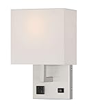 HomeFocus - Bedside Wall Light with Outlet,Wall Lamp,Wall Sconces,Wall Lamp for Bedroom,Living Room,Wall Light for Home and Hotel,Metal,Satin Nickel,White Fabric Shade.