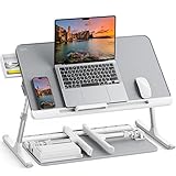 SAIJI Laptop Bed Tray Table, Adjustable PVC Leather Laptop Bed Table, Portable Standing Desk with Storage Drawer, Foldable Lap Tablet Table for Sofa Couch Floor (Gray)