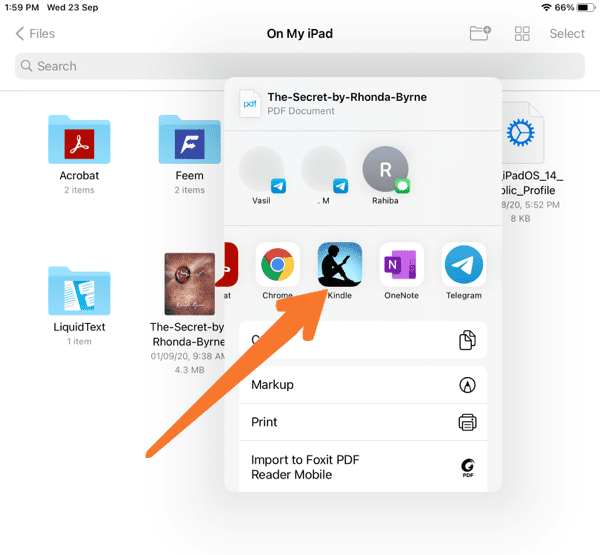 Screenshot showing users how to share e-books to the Kindle app