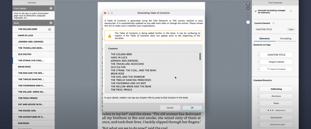 creating a table of contents in kindle create